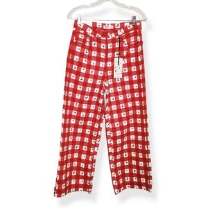 NWT Oat High Rise Wide Leg Cropped Cherry Gingham Print Red White Pants Size 28